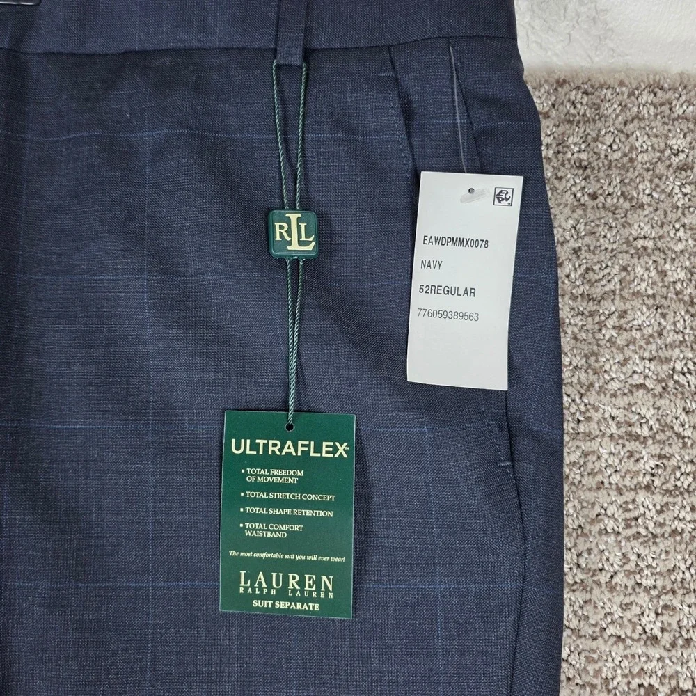 Lauren Ralph Lauren Mens Navy Blue Wool Plaid Ultraflex Dress Pants 52W UNHEMMED